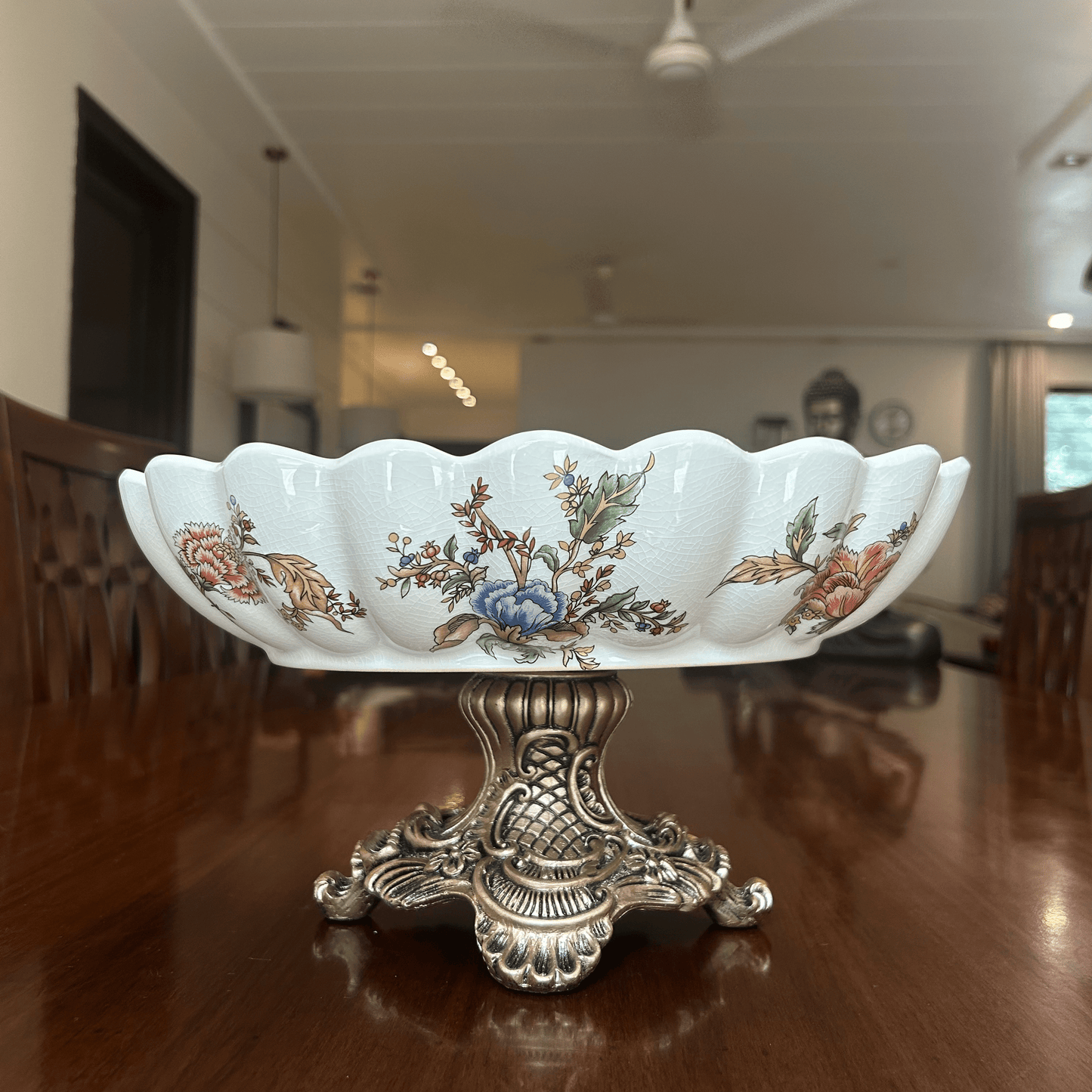 Floral Ceramic Serving Bowl with Ornate Golden Stand Oval