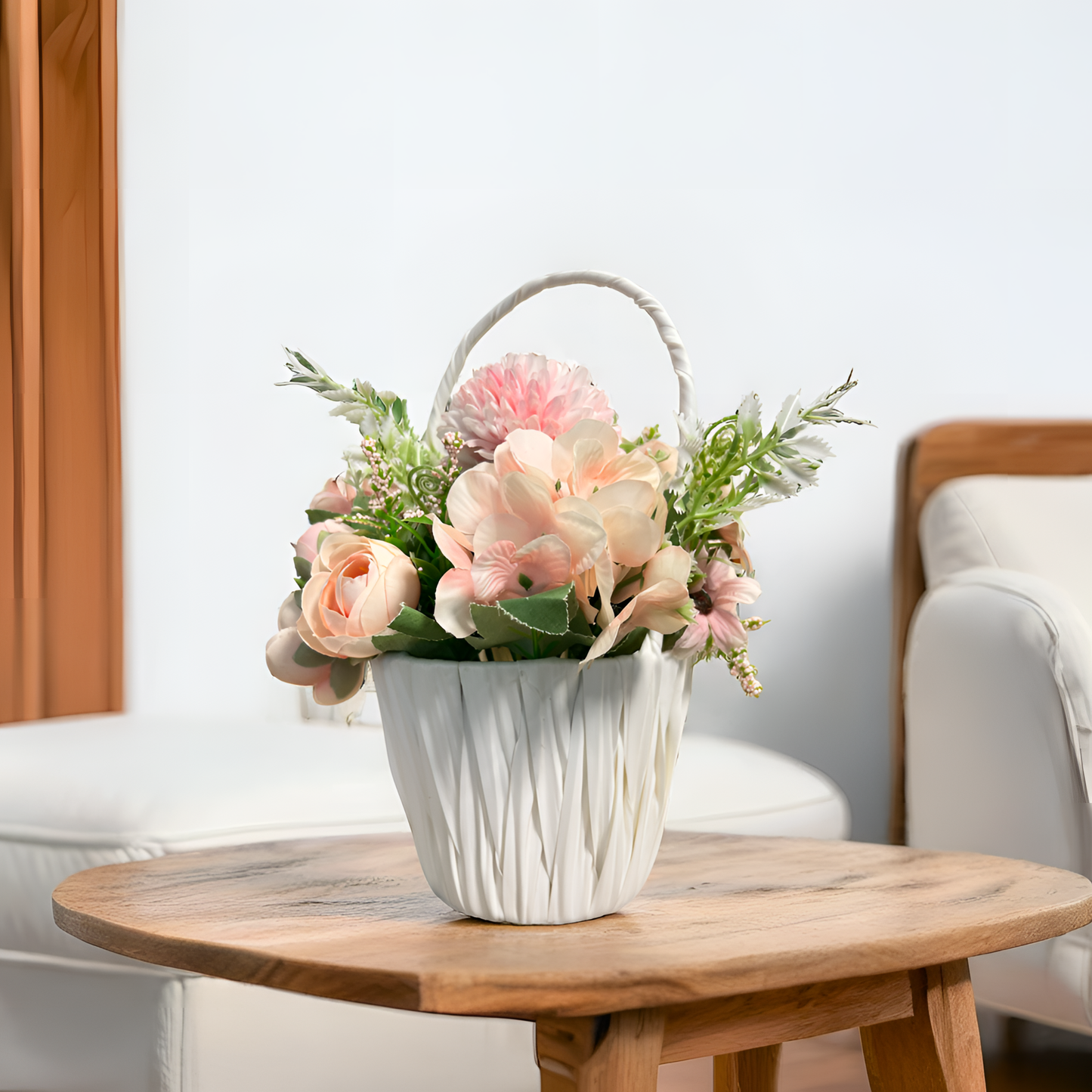 Elegant Peachy Bloom & Ivory Floral Basket