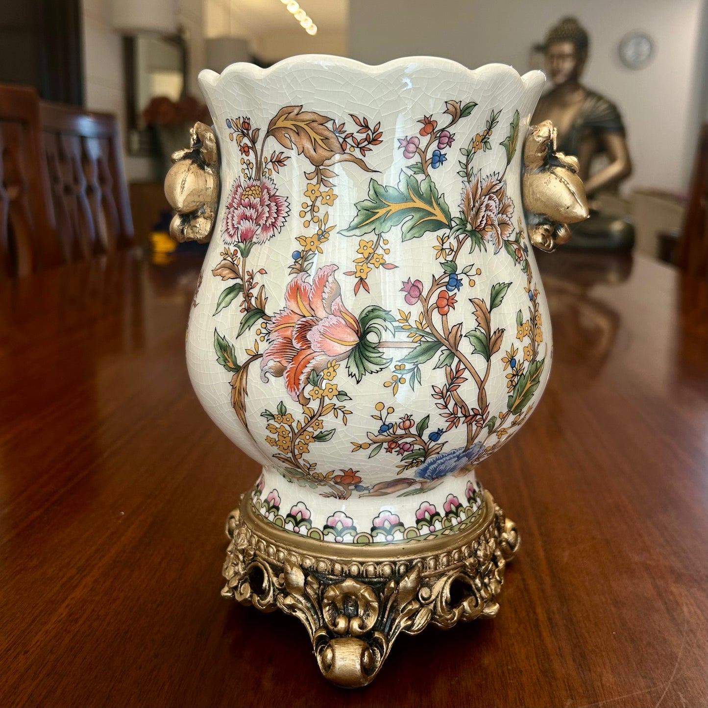 Luxury Floral Ceramic Vase with Golden Handles & Ornate Base