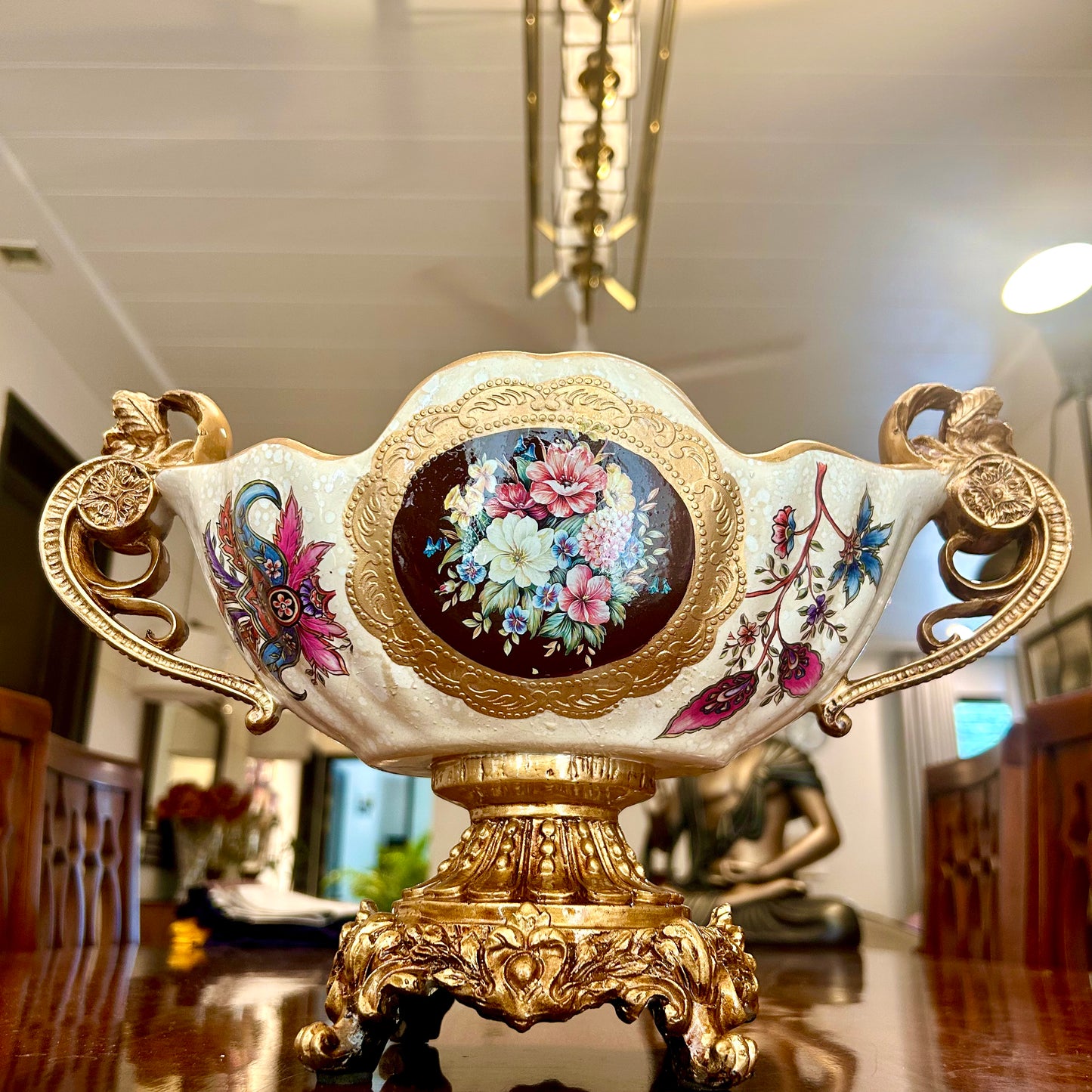 Grand Floral Ceramic Centerpiece Bowl with Double Golden Handles