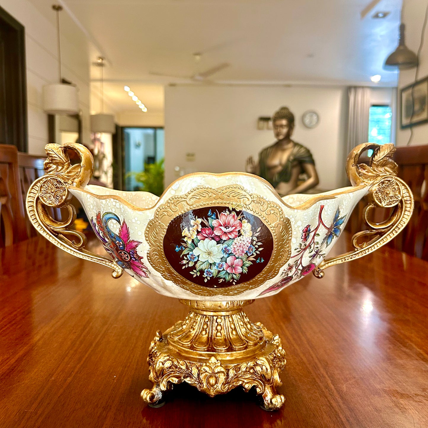 Grand Floral Ceramic Centerpiece Bowl with Double Golden Handles