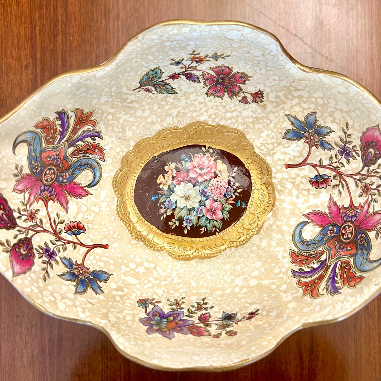 Grand Floral Ceramic Centerpiece Bowl with Double Golden Handles
