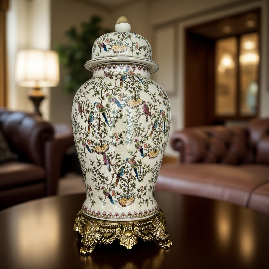 Handcrafted Ceramic Ginger Jar with Birds & Floral Design