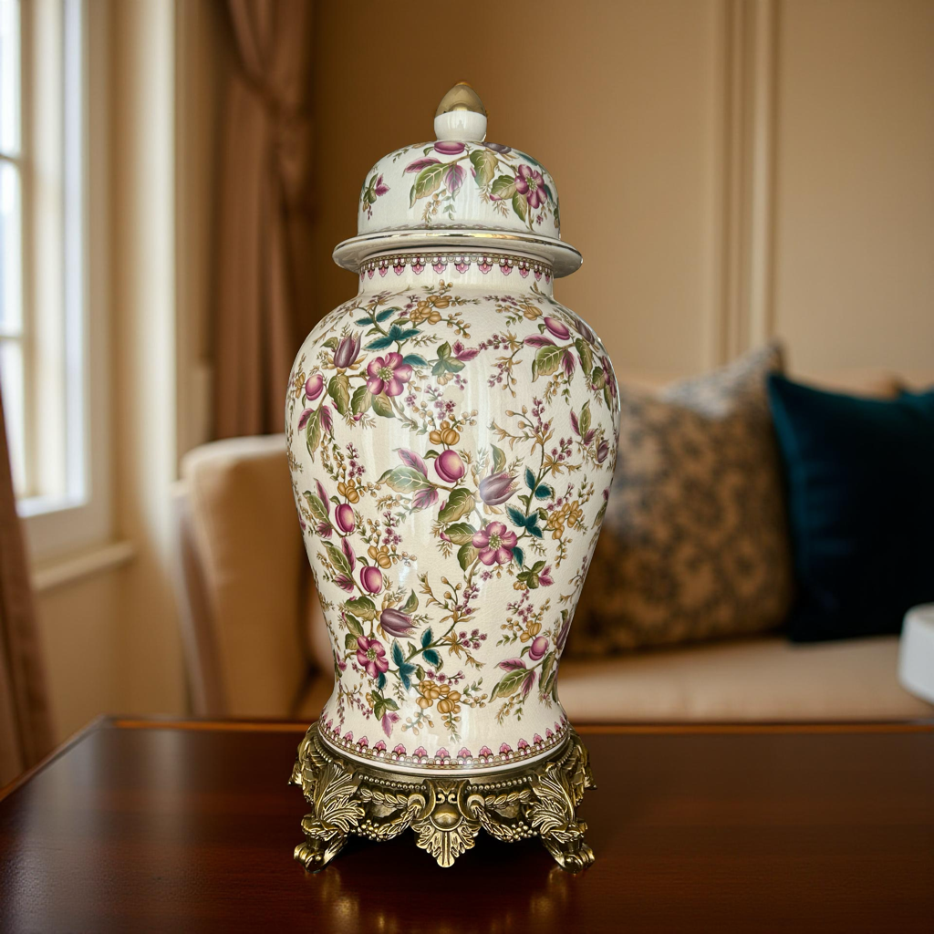 Elegant Pink Floral Ceramic Ginger Jar with Golden Base