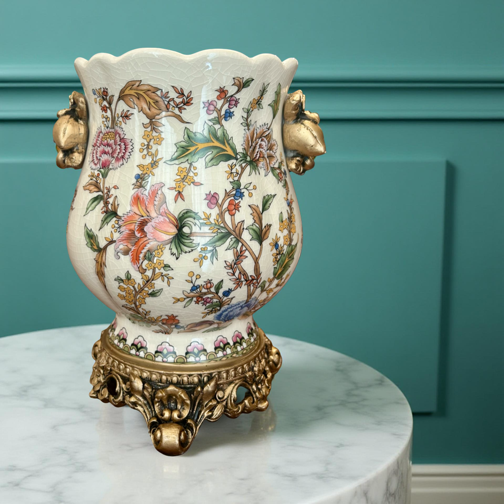 Luxury Floral Ceramic Vase with Golden Handles & Ornate Base