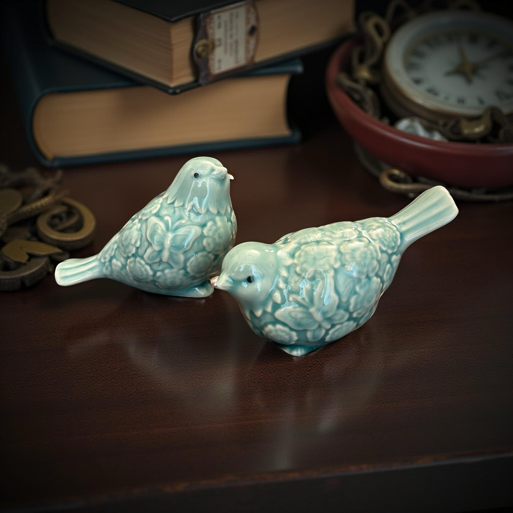 Ceramic Bird Figurines Two-Piece Set | Elegant Handcrafted Home Decor Accent (S)