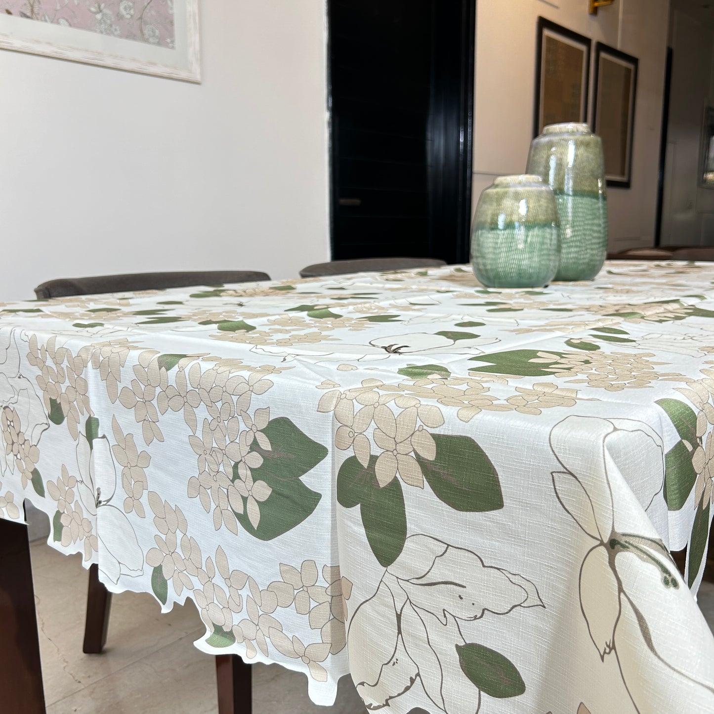 Soft Cotton Dining Tablecloth with Beige & Green Leaf Print