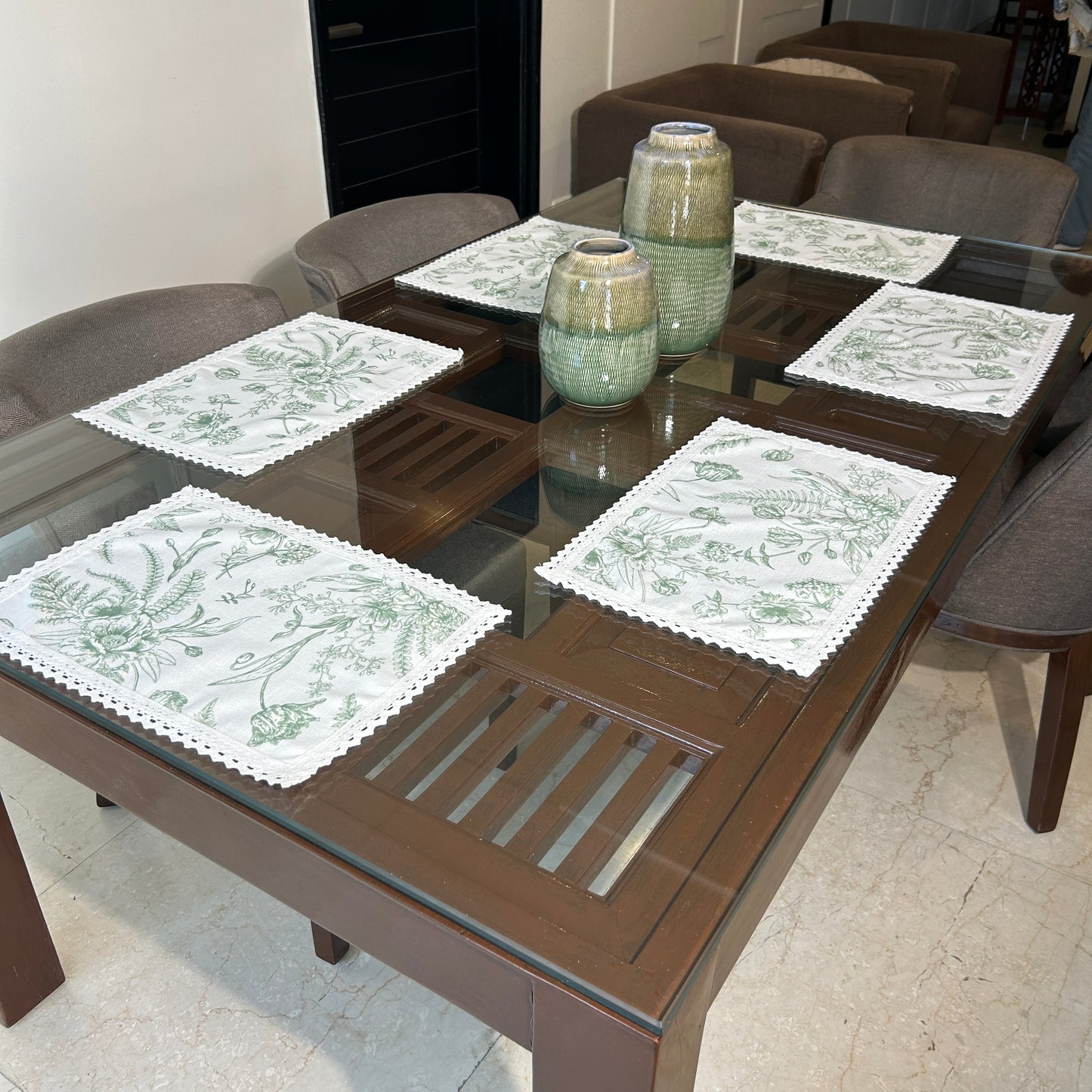 White and Green Floral Table mat with White Crochet Lace