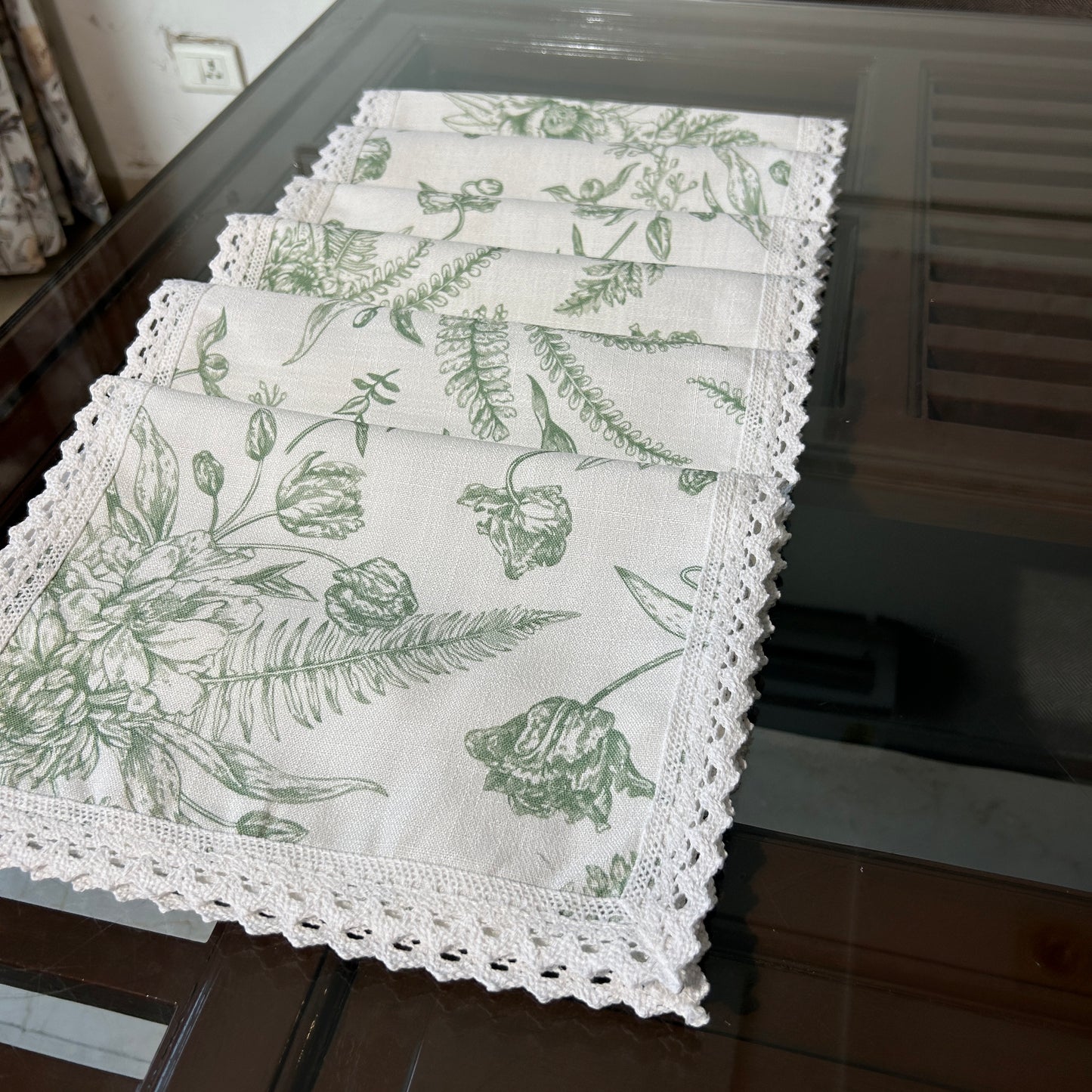 White and Green Floral Table mat with White Crochet Lace