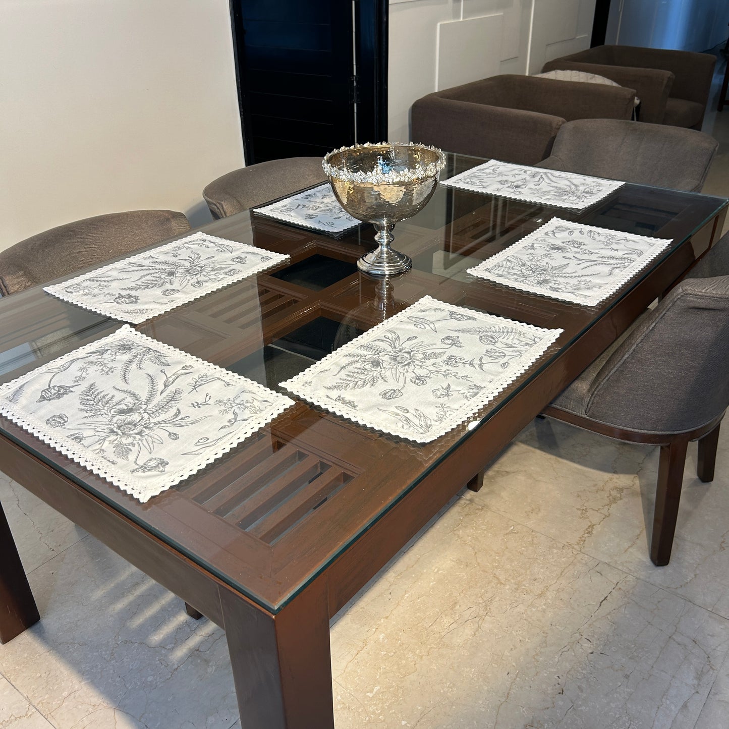 White and Grey Floral Table mat with White Crochet Lace