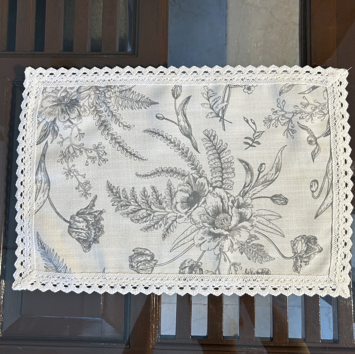 White and Grey Floral Table mat with White Crochet Lace