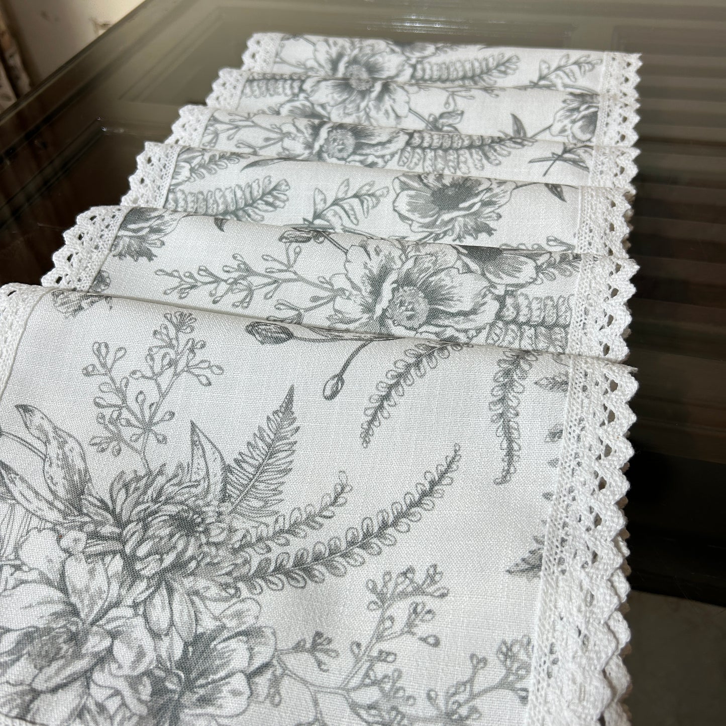 White and Grey Floral Table mat with White Crochet Lace