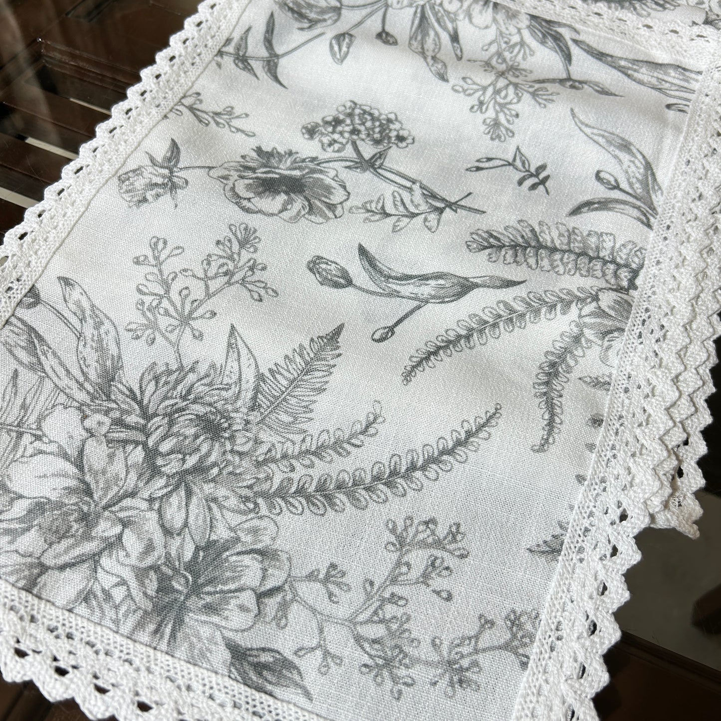 White and Grey Floral Table mat with White Crochet Lace