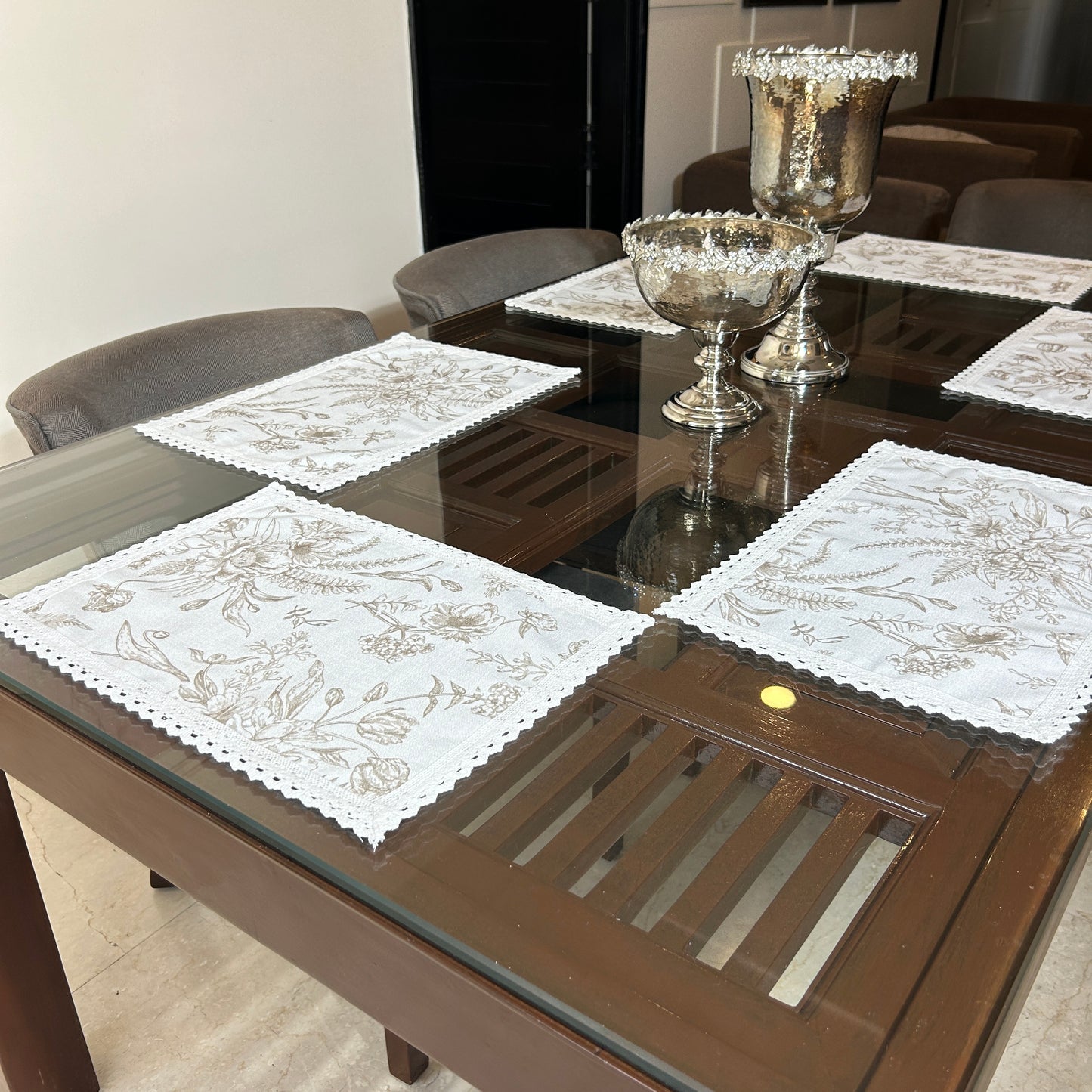 White and Beige Floral Table mat with White Crochet Lace