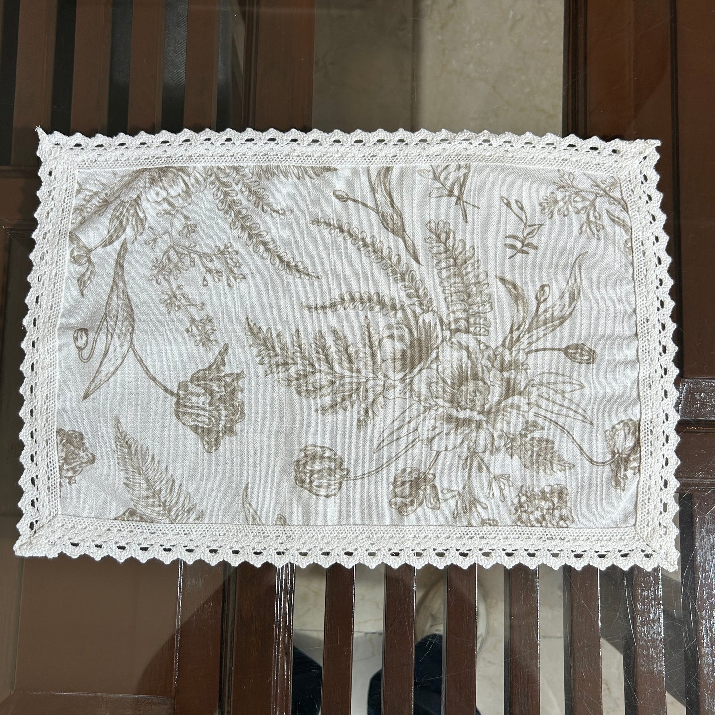 White and Beige Floral Table mat with White Crochet Lace