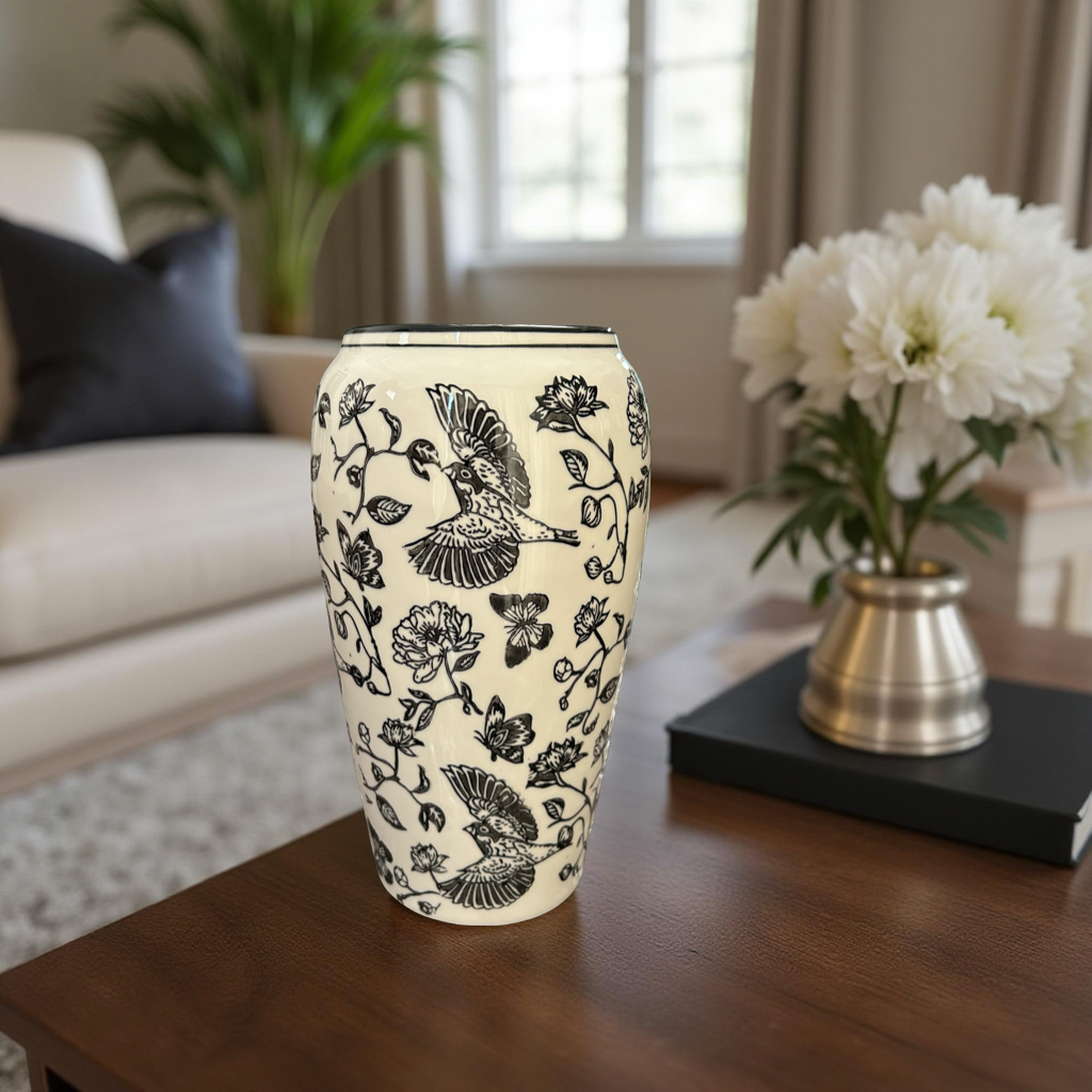Elegant Black & White Ceramic Vase with Bird and Floral Design (Large)