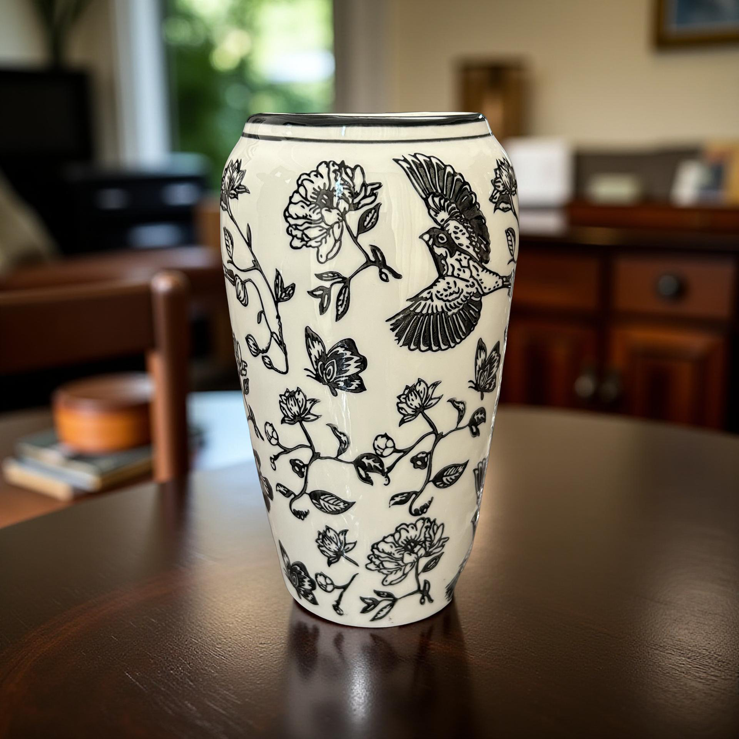 Elegant Black & White Ceramic Vase with Bird and Floral Design - Medium