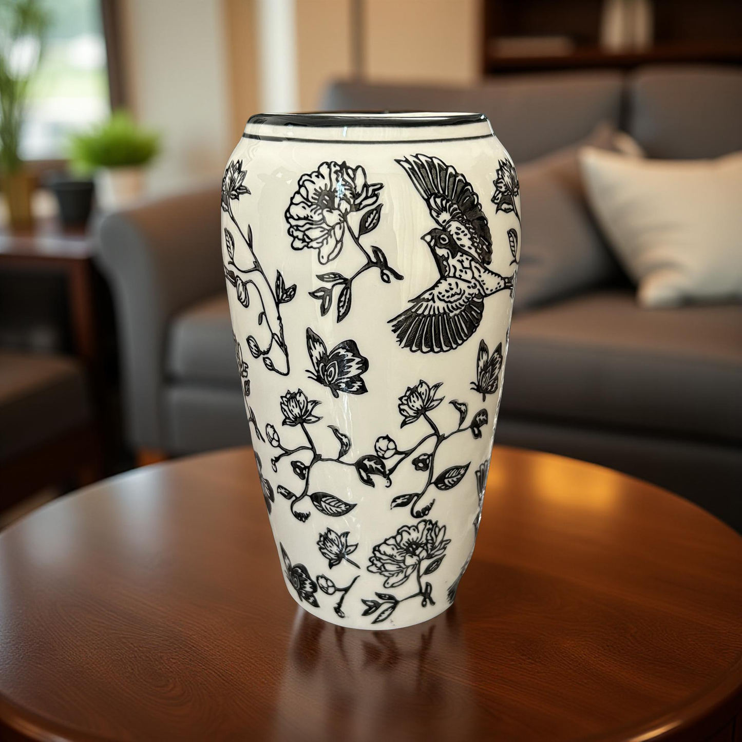 Elegant Black & White Ceramic Vase with Bird and Floral Design - Medium