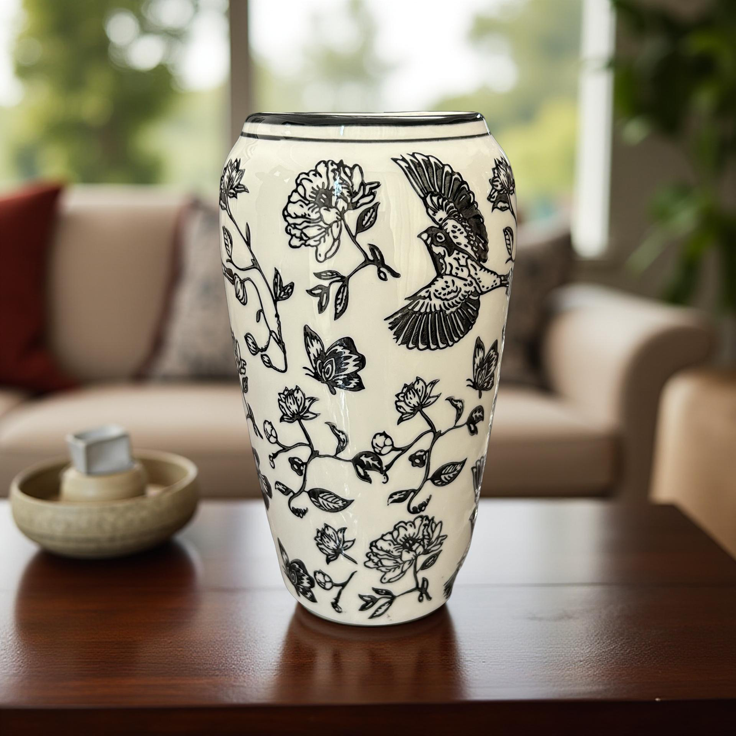 Elegant Black & White Ceramic Vase with Bird and Floral Design - Medium