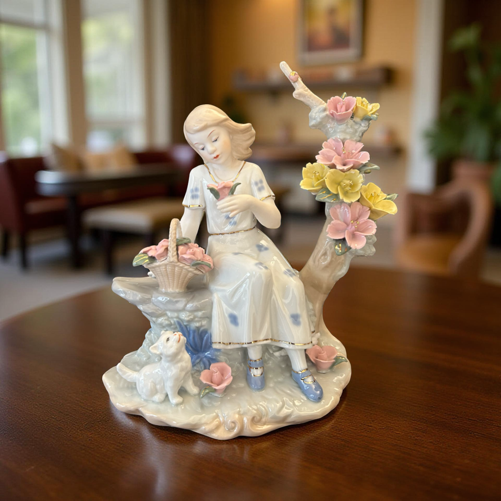 Fine Porcelain Girl with Flowers Figurine – Elegant Decorative Showpiece