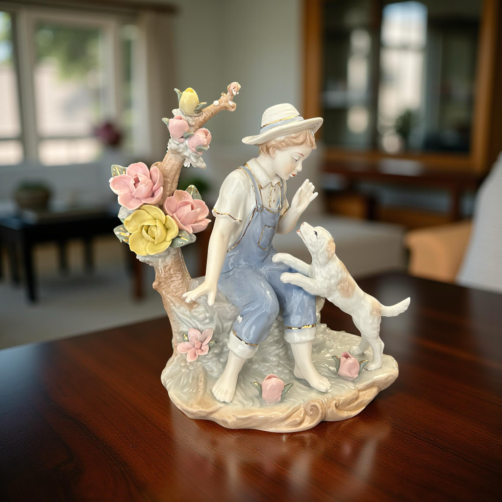 Fine Porcelain Boy with Dog Figurine – Handcrafted Decorative Showpiece