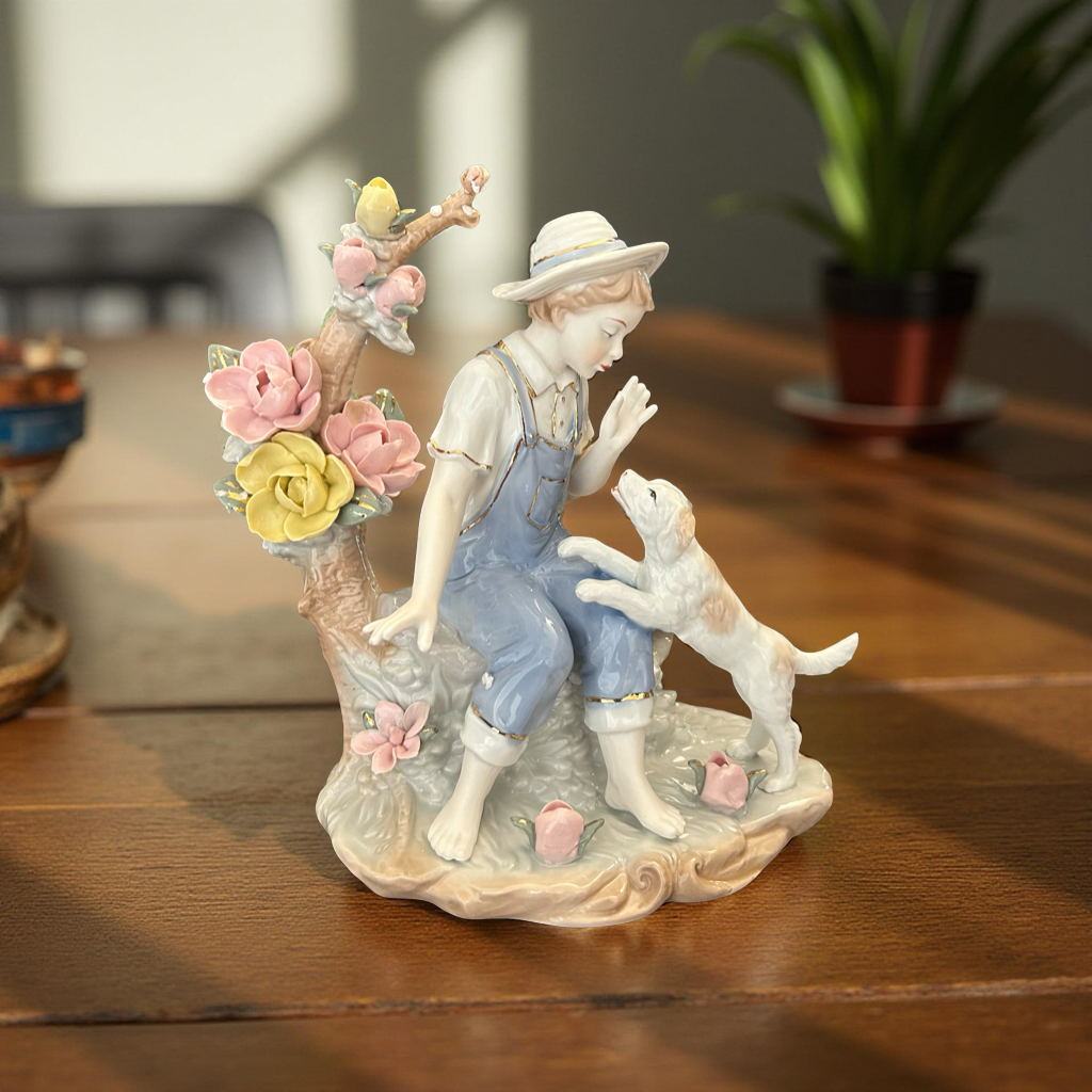Fine Porcelain Boy with Dog Figurine – Handcrafted Decorative Showpiece