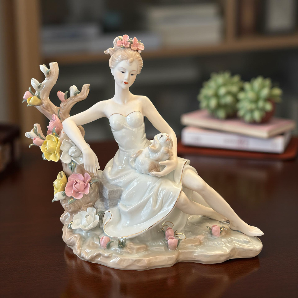 Graceful Porcelain Lady Figurine with Rabbit and Flowers – Handcrafted Collectible