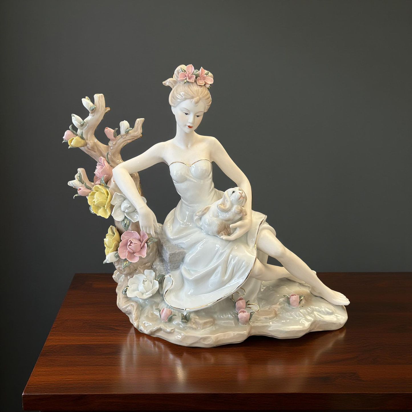 Graceful Porcelain Lady Figurine with Rabbit and Flowers – Handcrafted Collectible