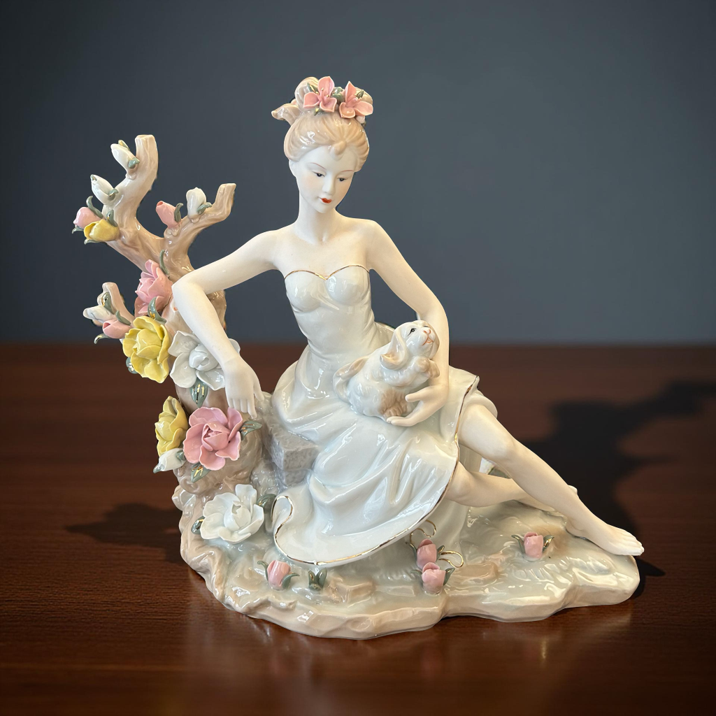 Graceful Porcelain Lady Figurine with Rabbit and Flowers – Handcrafted Collectible