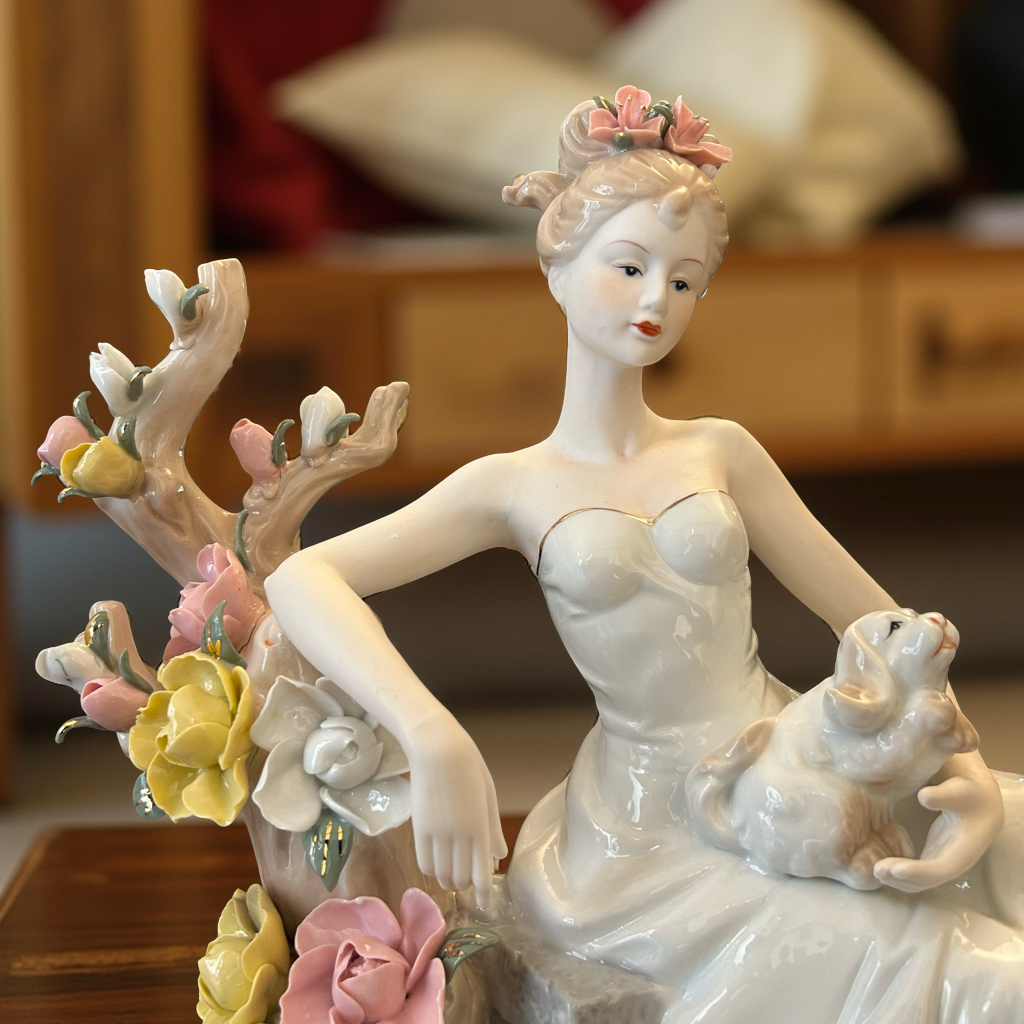 Graceful Porcelain Lady Figurine with Rabbit and Flowers – Handcrafted Collectible