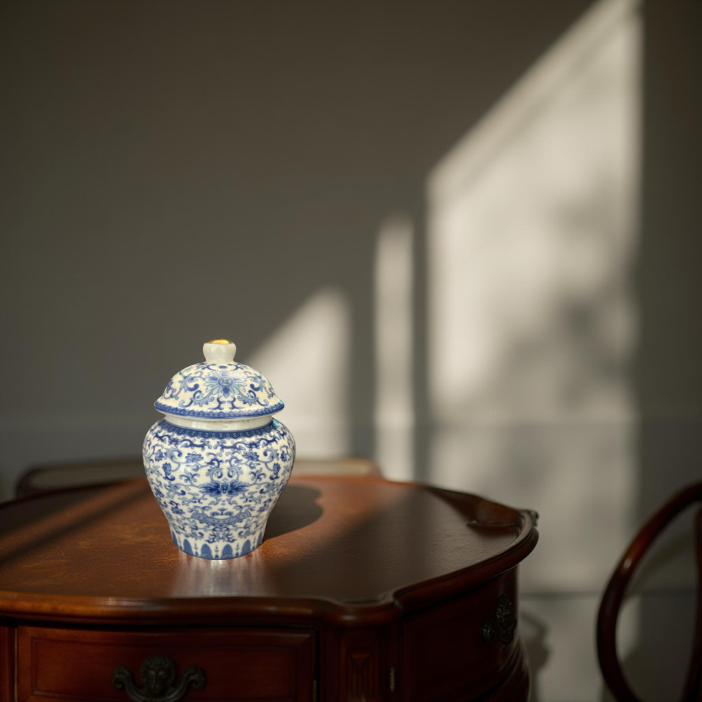 Blue and White Ginger Jar with Lid – Classic Oriental Decorative Piece