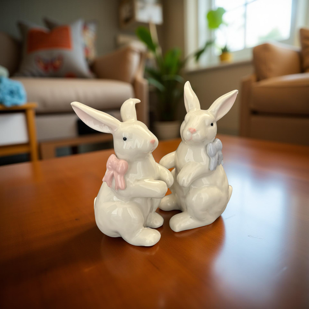 Ceramic Bunny Figurines with Bows – White Porcelain Rabbit Decor (Set of 2)