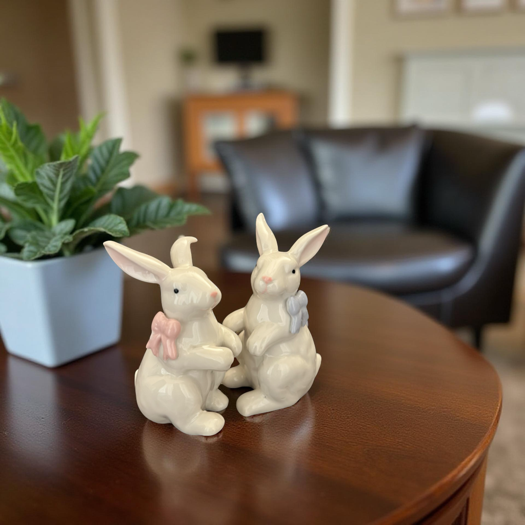 Ceramic Bunny Figurines with Bows – White Porcelain Rabbit Decor (Set of 2)