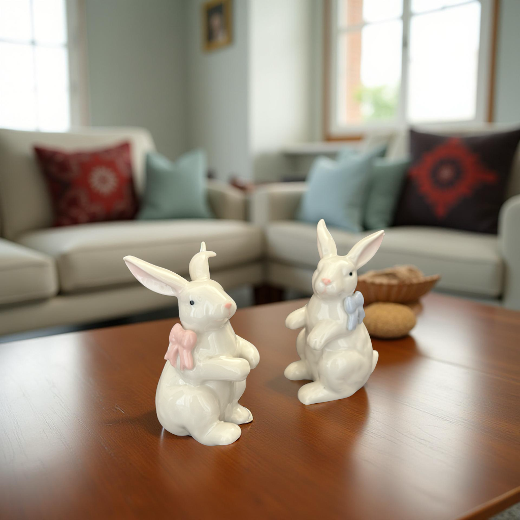 Ceramic Bunny Figurines with Bows – White Porcelain Rabbit Decor (Set of 2)