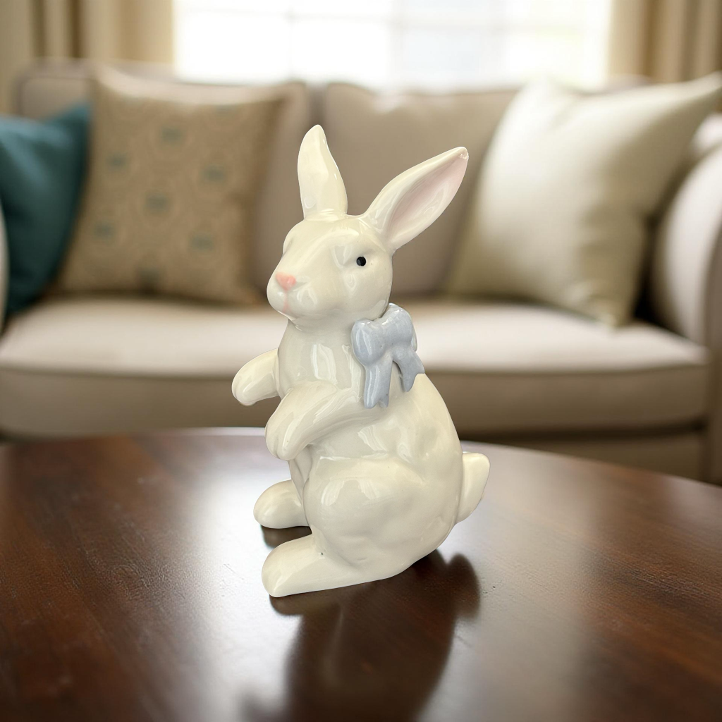 Ceramic Bunny Figurines with Bows – White Porcelain Rabbit Decor (Set of 2)