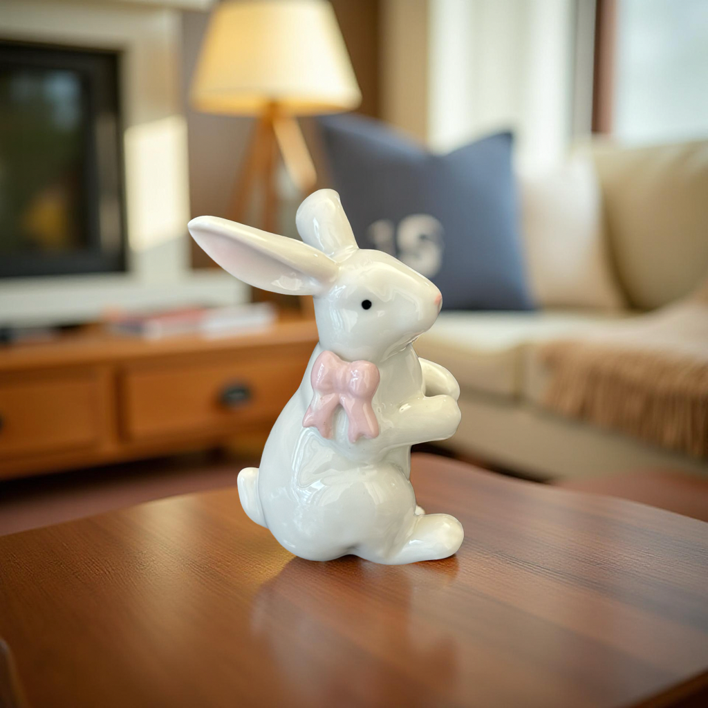Ceramic Bunny Figurines with Bows – White Porcelain Rabbit Decor (Set of 2)