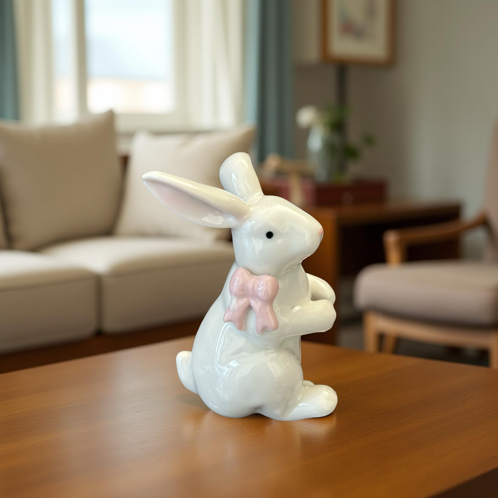 Ceramic Bunny Figurines with Bows – White Porcelain Rabbit Decor (Set of 2)