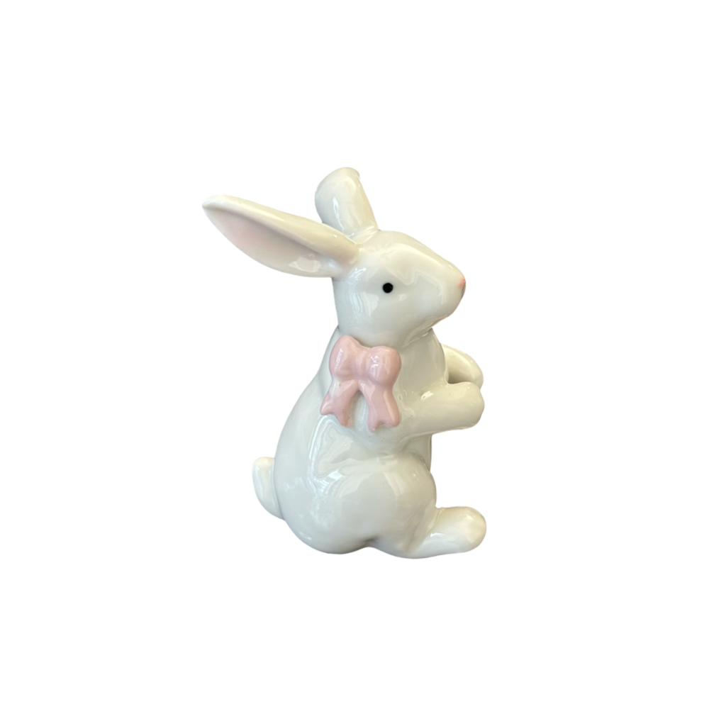 Ceramic Bunny Figurines with Bows – White Porcelain Rabbit Decor (Set of 2)