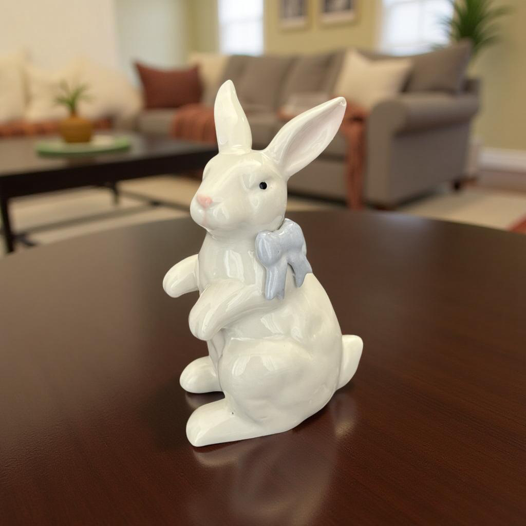 Ceramic Bunny Figurines with Bows – White Porcelain Rabbit Decor (Set of 2)