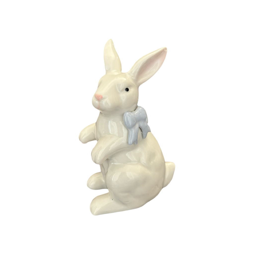 Ceramic Bunny Figurines with Bows – White Porcelain Rabbit Decor (Set of 2)