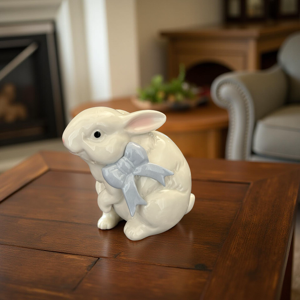 Delightful Ceramic Bunny Figurine with Blue Bow