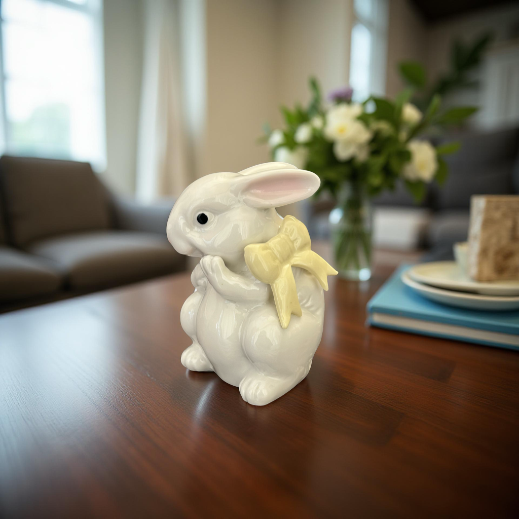 Delightful Ceramic Bunny Figurine with Yellow Bow