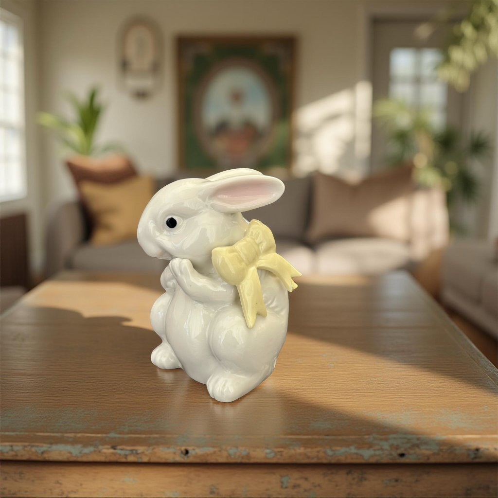 Delightful Ceramic Bunny Figurine with Yellow Bow