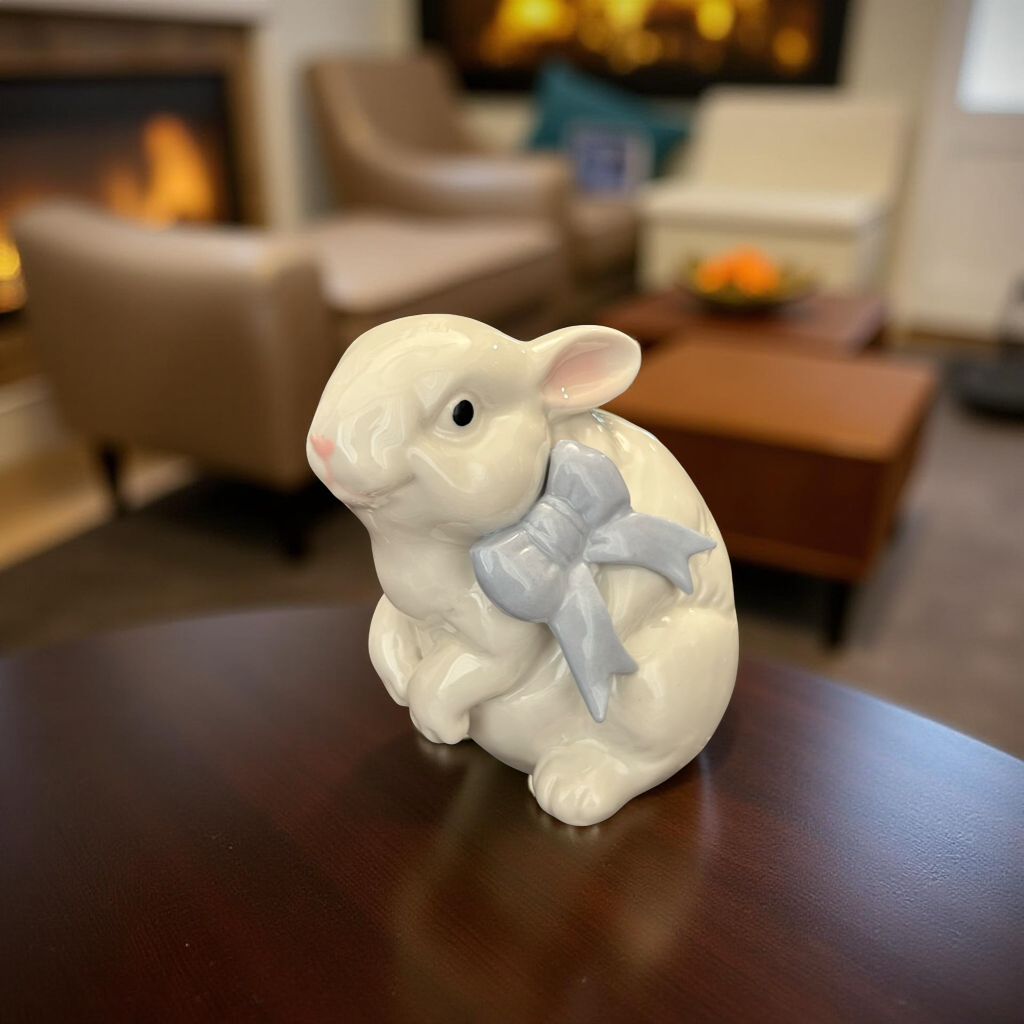 Delightful Ceramic Bunny Figurine with Blue Bow
