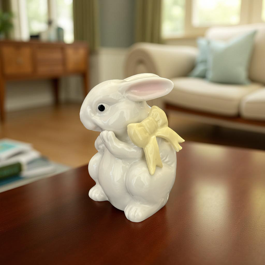 Delightful Ceramic Bunny Figurine with Yellow Bow
