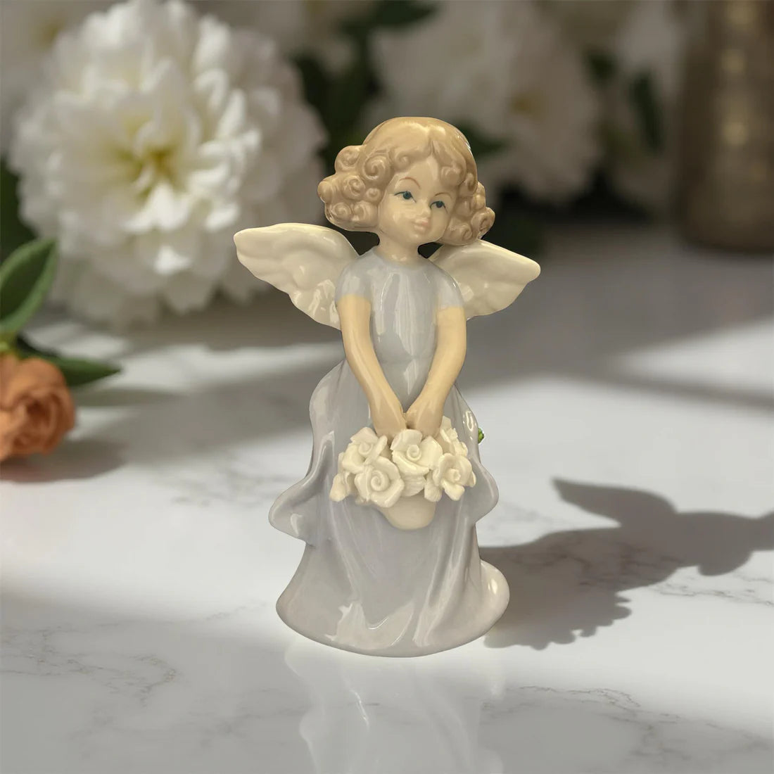 Porcelain Angel Figurine in Grey – Holding Flower Basket