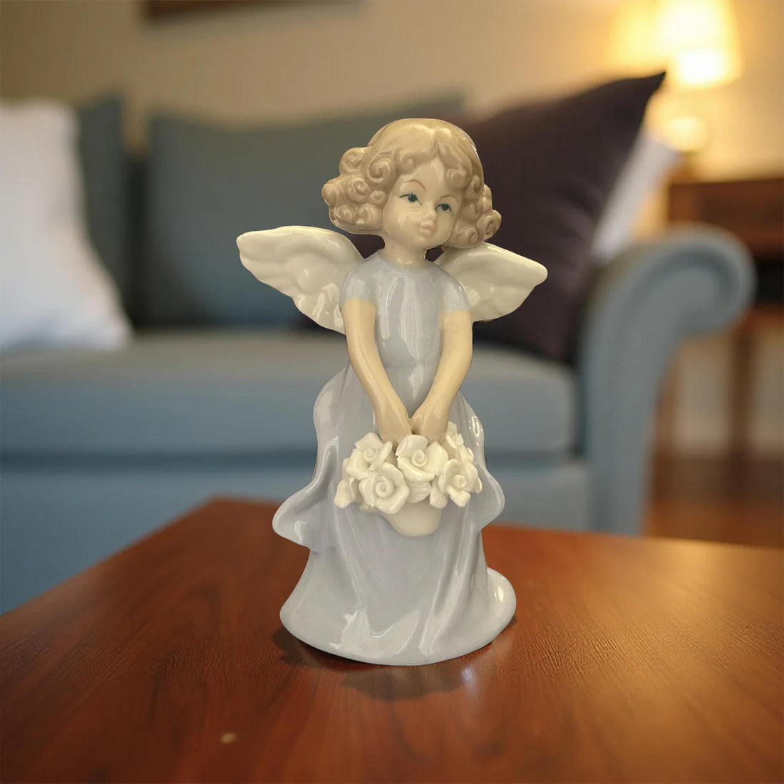 Porcelain Angel Figurine in Grey – Holding Flower Basket