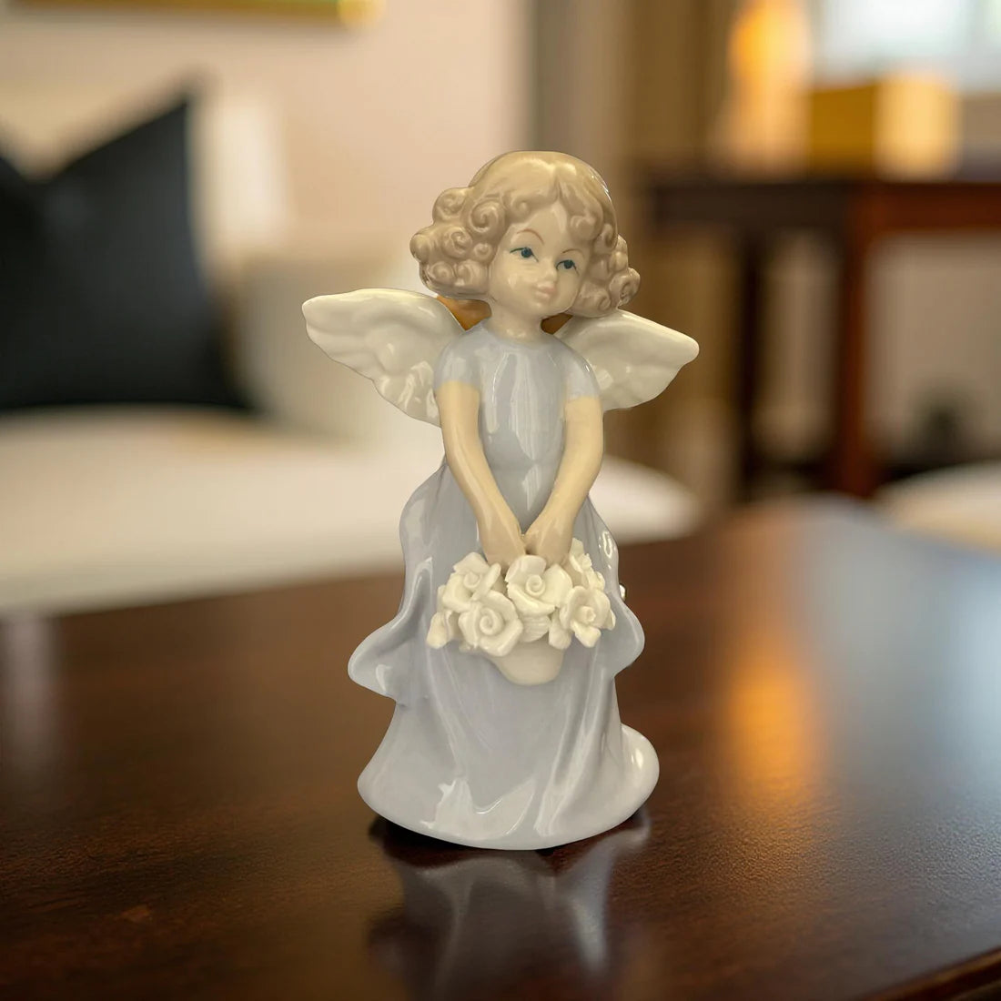 Porcelain Angel Figurine in Grey – Holding Flower Basket