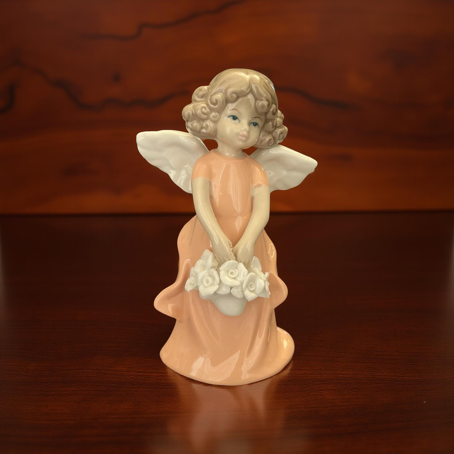 Elegant Ceramic Angel Figurine in Pink Dress with White Roses