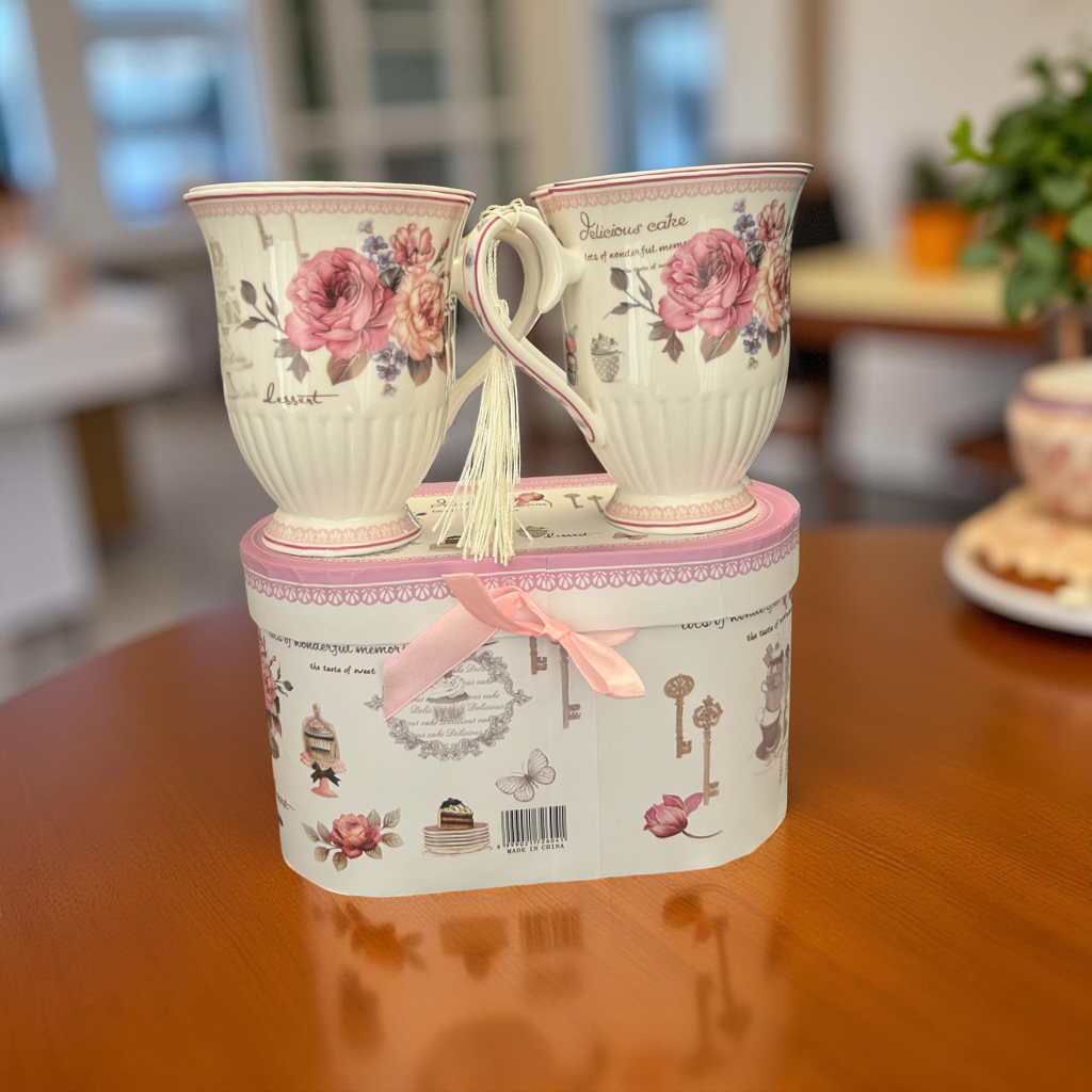 Floral Ceramic Tea & Coffee Mug Set with Gift Box - 2 Piece Set